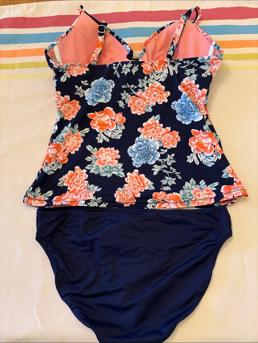 Floral Navy Tankini Bikini Set with Coral & Light Blue Blooms - Picture 5 of 6